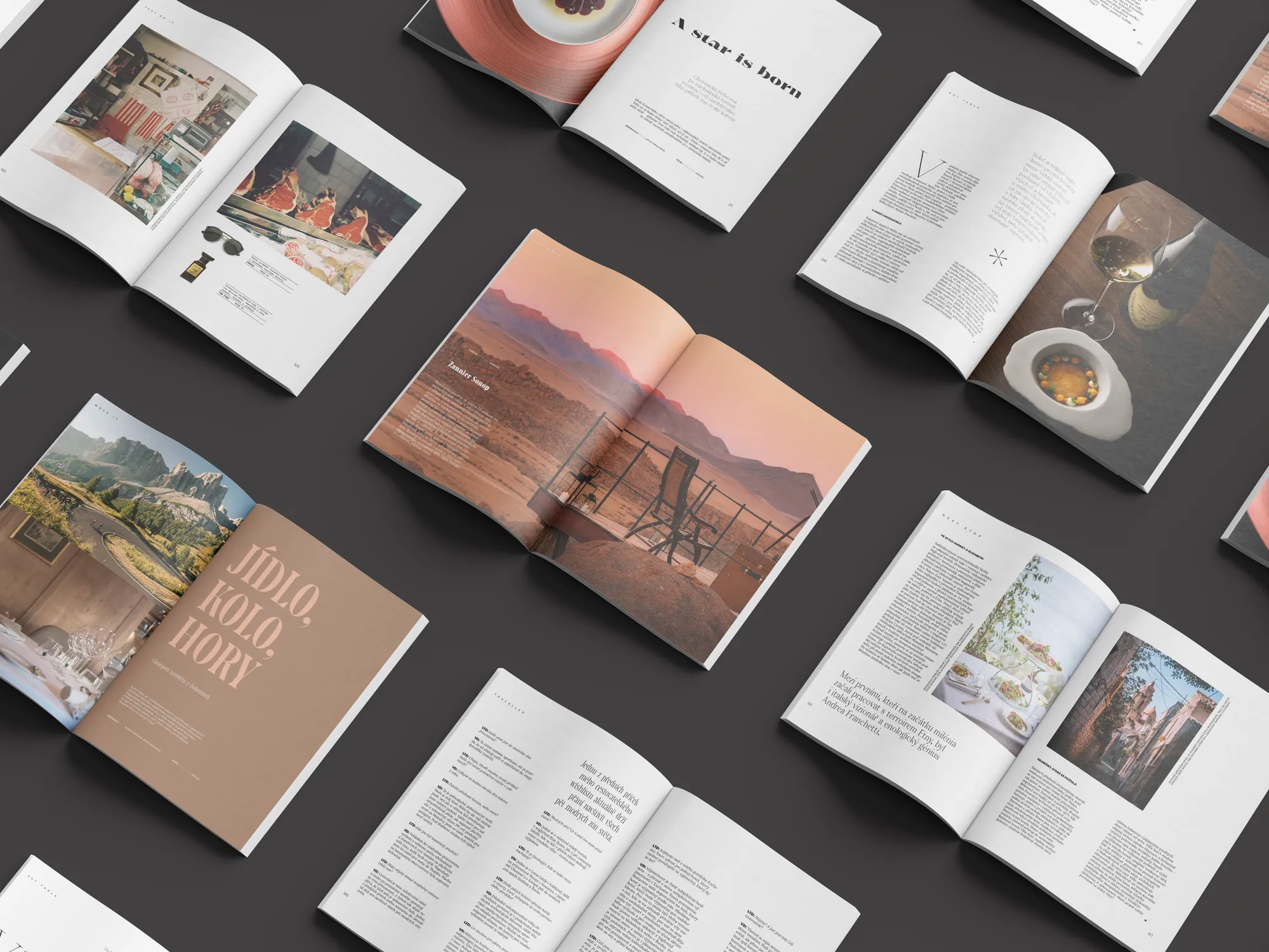Luxury Travel Digest photography and grid system across multiple spreads